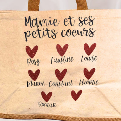 Sac toile de jute Mamie et ses petits cœurs